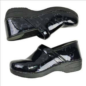 Dansko XP 2.0 Leather Shiny Black Blue Floral Print Professional Comfort Clog